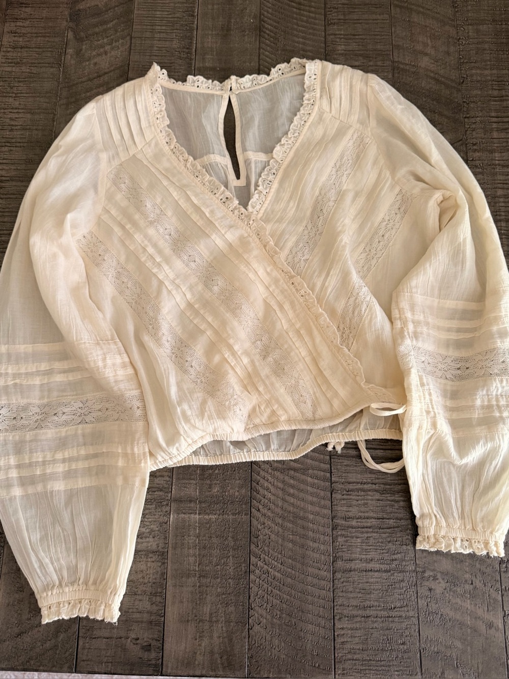 American Eagle Outfitters Cream Lace-Trim Wrap Blouse